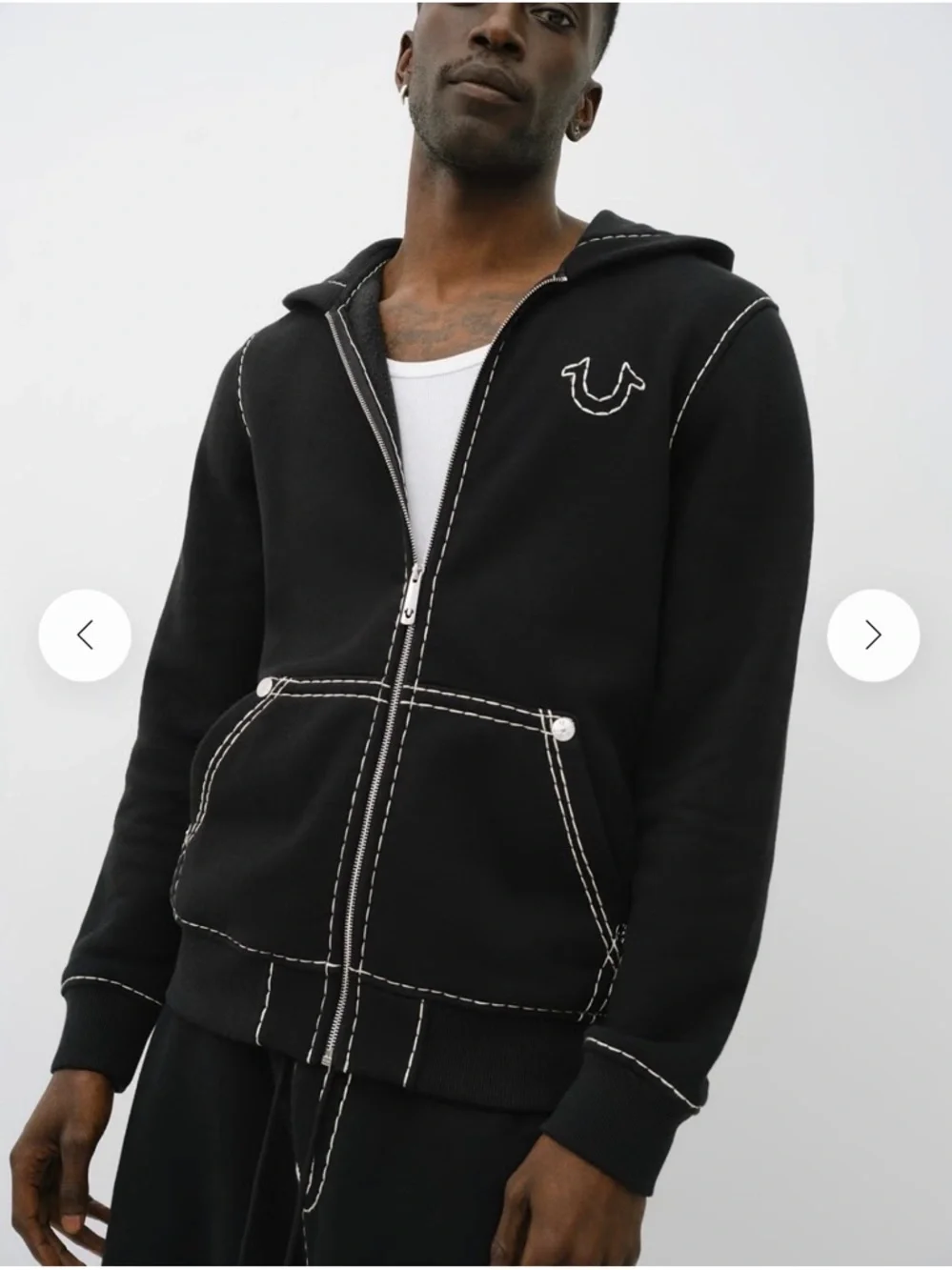 True Religion Big T Black Zip-Up Hoodie with White Contrast Stitching